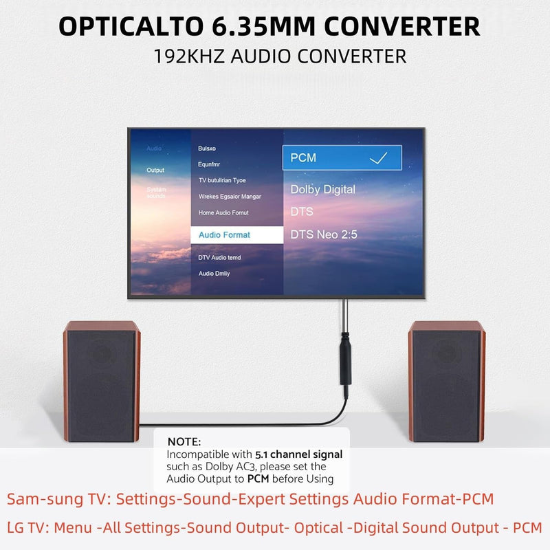 192KHz DAC Optical to 6.35mm TRS Stereo Converter,Optical Audio Cable to 1/4" AUX Cable Adapter,Digital to Analog Audio Converter for HDTV DVD Set-top Boxes(O-ptical to 1/4") Aux Cable - 3FT
