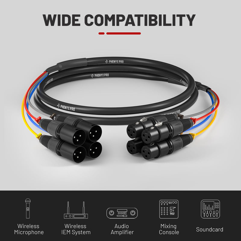 [AUSTRALIA] - Phenyx Pro 4-Channel XLR Cable, 6 Ft Snake Cable, Balanced Microphone Cord, XLR Splitter, Color-Coded, 4-in-1 Design, 3-PIN Male to Female Patch Wire, w/OFC Copper (PCBL-4IN1-6) 6 Feet 