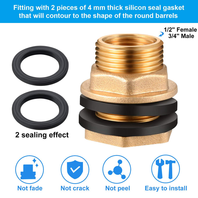 [AUSTRALIA] - 3 Pieces 1/2 Inch Female 3/4 Inch Male G-Thread Solid Brass Threaded Bulkhead Garden Water Tank Connector Fitting with 2 Black Rubber Ring Stabilizing Hose Adapter for Rain Barrels Aquariums 