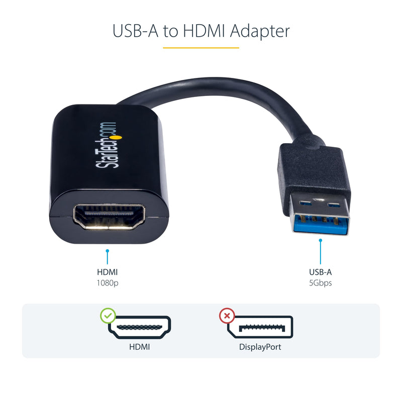 StarTech USB-A 3.0 to HDMI Converter, 1080p60, Windows Driver Required, TAA | USB 5Gbps, Single monitor, 2ch audio, Full HD, Windows X86/X64/ARM only, No macOS ChromeOS or Linux