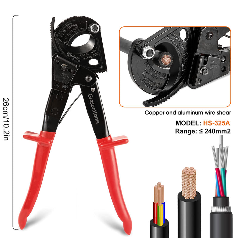 Ratchet Cable Cutter,Ratcheting Cutter and Wire Cable Cutter Cut up to 240mm², HS325A Heavy Duty Aluminum and Copper Ratchet Cable Cutter (HS325) HS325