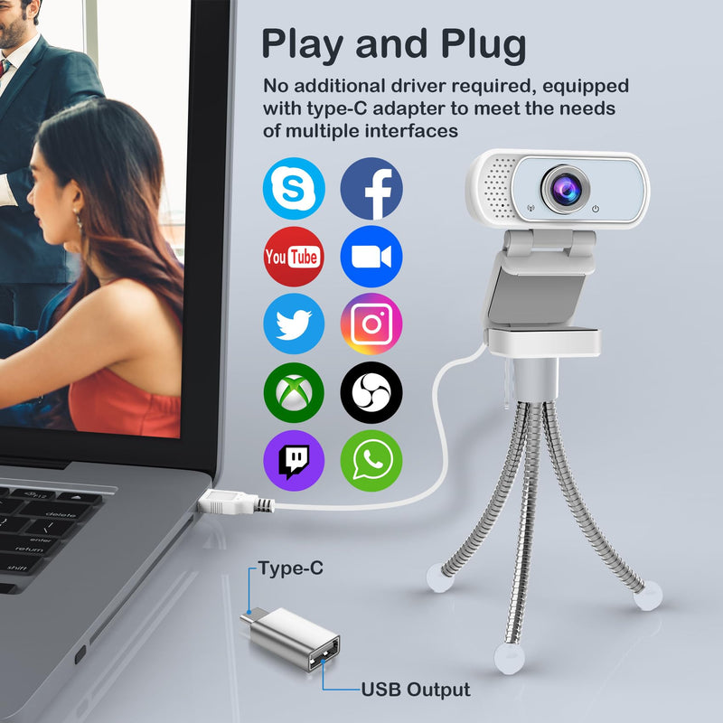 [AUSTRALIA] - Webcam with Microphone,Webcam 1080p White,USB Web Camera 110-Degree View Angle Computer Camera,Webcam Tripod/Privacy Cover/USB C Adapter Include,Plug and Play for Video Conferencing 