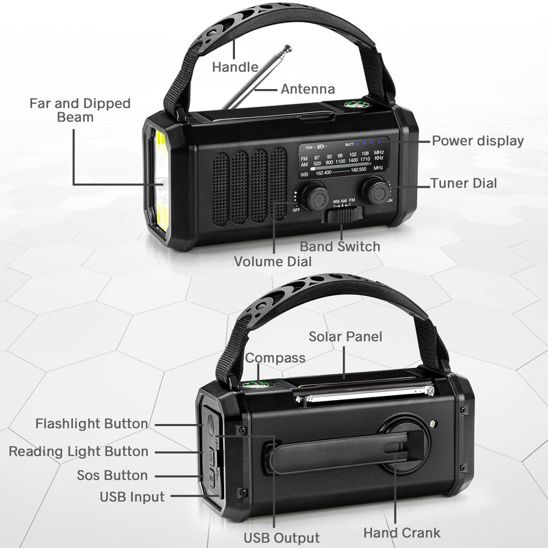 10000mAh Solar Radio, Crank Radio, Emergency Radio, NOAA/AM/FM Weather Radio, USB Type-C Charging,Dynamo Radio,Polymer Battery,Torch & LED Reading Light, SOS Alarm,Compass for Camping black