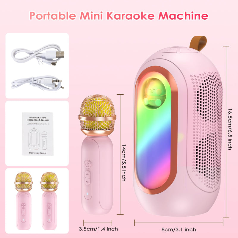 Mini Karaoke Machine for Kids & Adults with 2 Wireless Microphones Portable Karaoke Machine 2x5W Bluetooth Speaker Birthday Gift Toys Gifts for Kids Family Home Outdoor Party Pink