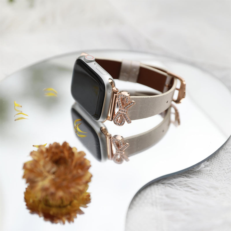 Crystal Bowknot Geniune Leather Watch Band for Women Compatible for Apple Watch 38/40/41/42/44/45/46/49mm, Slim Leather Strap Ivory & Rose Gold 42(Series 10-11)/38/40/41mm