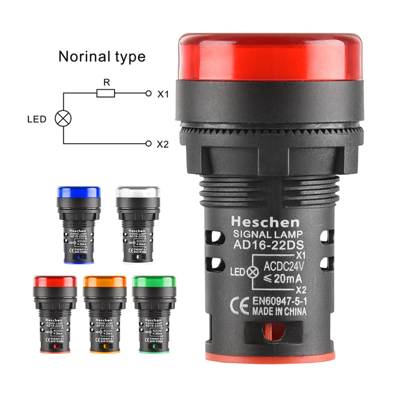 Heschen 22 mm LED Indicator Light, AD16-22D/S, 24VDC 20mA, Red, Green, Yellow, Blue, White Light Colour, Pack of 5
