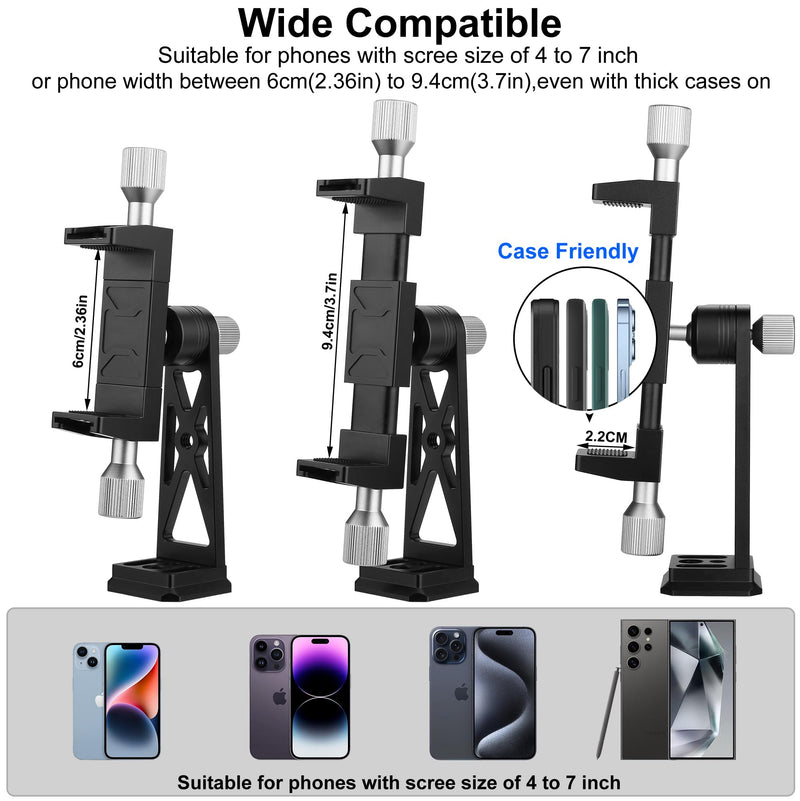 Peastrex Metal Phone Tripod Mount Extra Deep Clamp with Arca Port Cold Shoe 360°Ball Head Cellphone Tripod Adapter for iPhone Galaxy Smartphone Stand Holder for Vlogging Video Camera Monitor