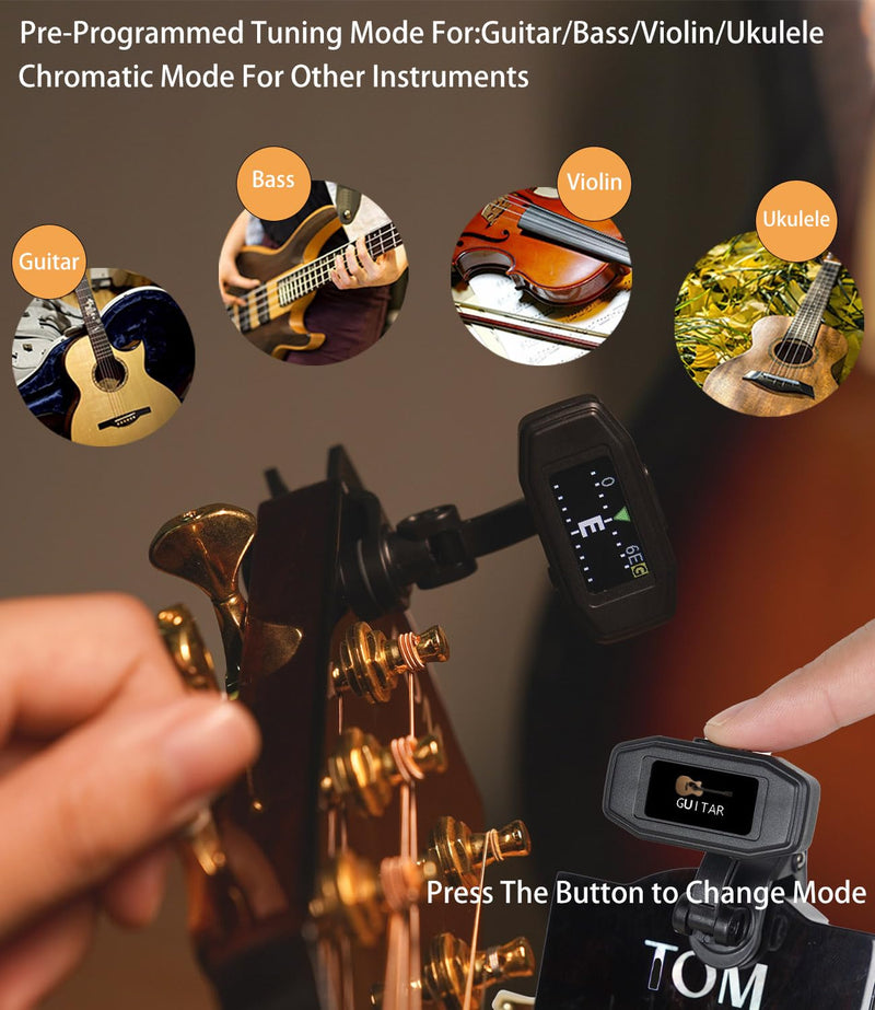 Rechargeable Clip-On Tuner Digital Professional Tuning Tool Tuner for Guitar, Bass, Ukulele, Violin, Mandolin, Banjo, Chromatic Instruments