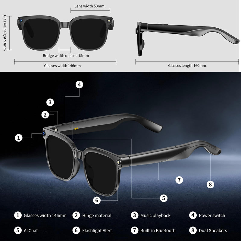 Smart Glasses with Camera, 8MP HD Anti-Shake Camera Glasses, 1080P Video Recording Dual Mic Sunglasses, Real Time Translation, Built-in ChatGPT Voice Assistant, Open-Ear Audio for Travel&Outdoor