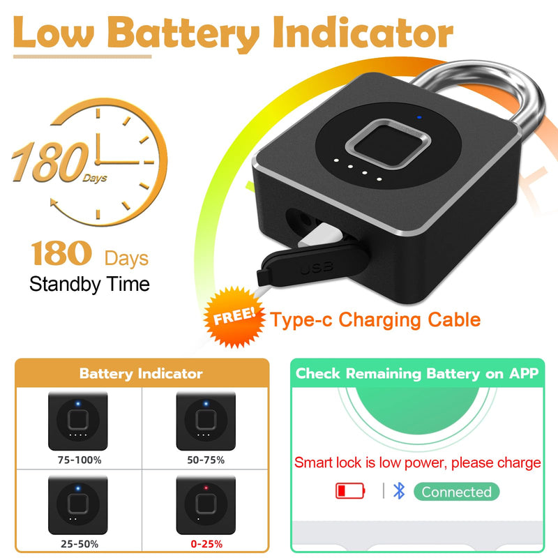 [AUSTRALIA] - Pothunder Fingerprint Padlock, Fingerprint Lock with APP, Padlock with Keyless Biometric, Smart Padlock Waterproof Suitable for Gym, Locker, Gates, Fence and Storage Black 