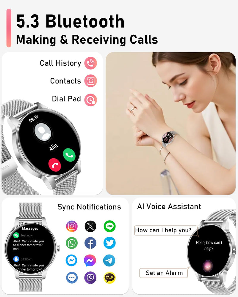 Smart Watches for Women, 1.27'' TFT Fitness Watch With Bluetooth Answer/Make Call,24H Heart Rate/SpO2/Sleep Monitor/Menstrual Cycle/120+ Sports Fitness Tracker for iPhone Android iOS(4 Straps,Silver) Silver
