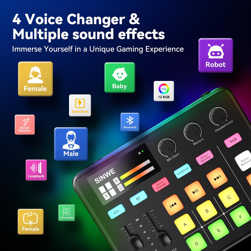 [AUSTRALIA] - SINWE G1 Gaming Audio Mixer, RGB Audio Interface with Pro-preamp,Bluetooth, Streaming PC Mixer with XLR/48V Phantom Power for Live Streaming, Podcasting, Content Create, Gaming(Black) Black 