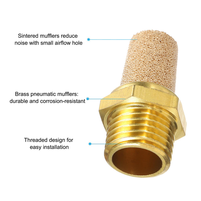 PATIKIL Pneumatic Muffler G 1/4, 2 Pack Sintered Bronze Brass Air Compressor Exhaust Muffler Filters Air Solenoid Valve Muffler Fitting for Automation Pneumatic Equipment, Golden