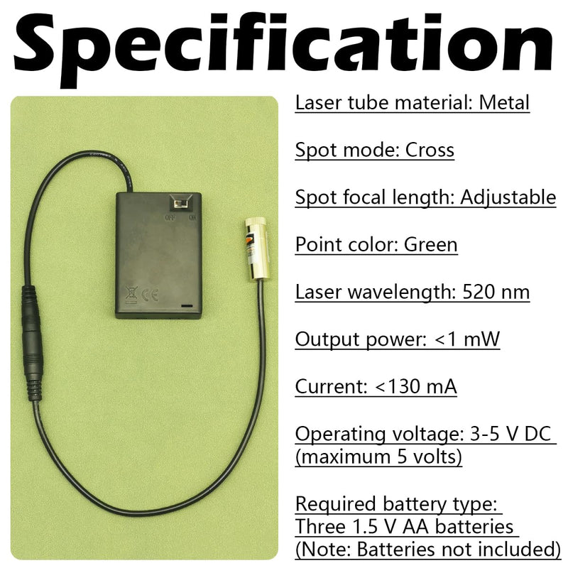 CTRICALVER Laser Module (Light Source Shape: Green Cross) Adjustable Focal Point Kit, 3-5V Industrial Laser Module Diode 2.1mm DC Plug 520nm + Power Supply Kit