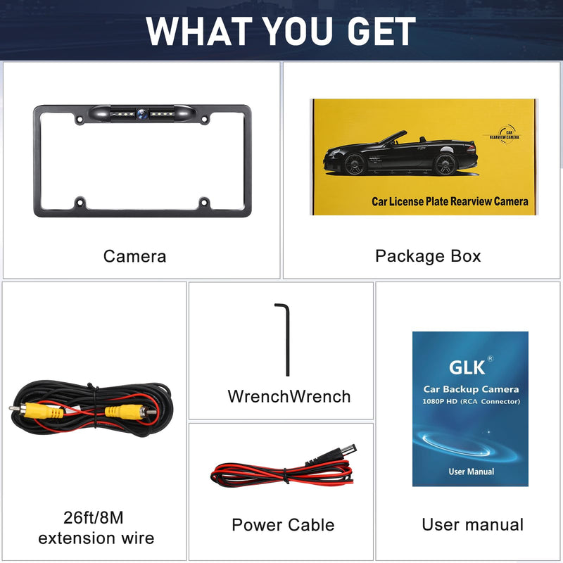 GLK Backup Camera, AHD 1080P License Plate Camera, Night Vision Rear View Reverse Camera with 7 LEDs, Wide Angle IP69K Waterproof Rear Camera for 12-24V Car Vehicle SUV RV