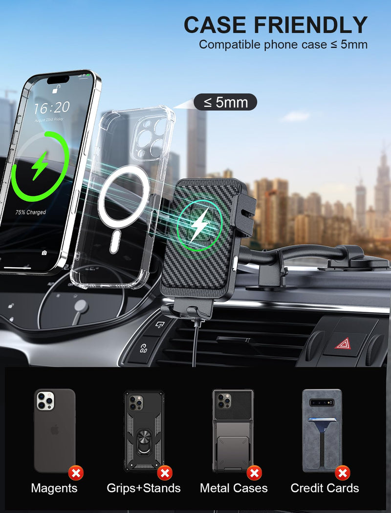 Wireless Car Charger Adjustable Gooseneck Dashboard Car Mount Fast Charging | [with Anti Shake stabilizer] Auto-Clamping Phone Holder fit for iPhone 17 16 15 14 13 12, Samsung S24 S23 S22, etc