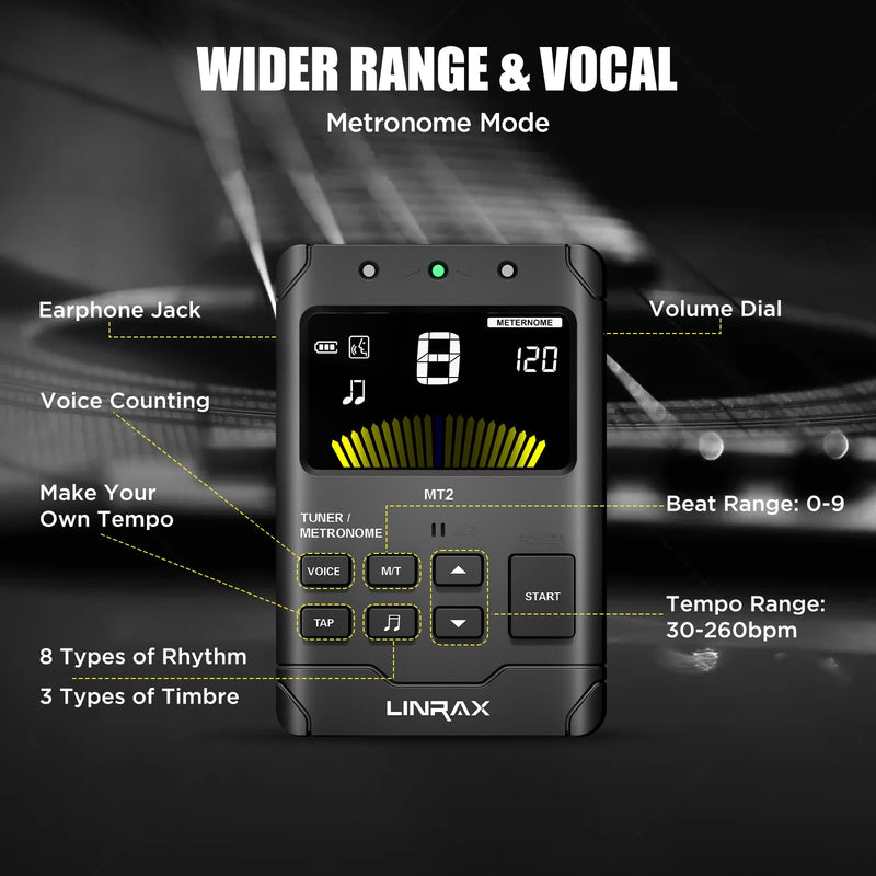MT2 Rechargeable Metronome Tuner, 3 in 1 Digital Metronome Tuner Tone Generator for Guitar Bass Ukulele Violin Saxophone Trumpet Clarinet Flute, Voice Beat, Chromatic Tuner for All Instruments MT2