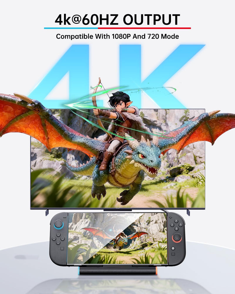 Switch 2 Dock, 4K@60Hz TV Docking Station with 60W Fast Charger & HDMI Cable, Gigabit Ethernet Port (1000Mbps), Portable Replacement Base for Switch 2 ONLY, Accessories Bundle for Nintendo Switch 2