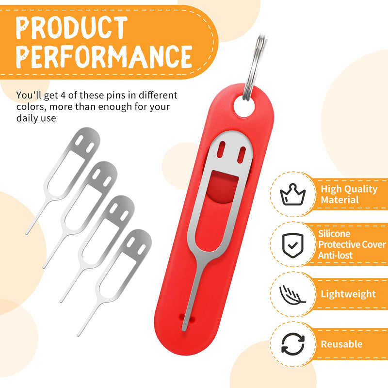 Sim Card Removal Tool Phone Chip Remover Sim Card Unlock Chip Card Pin Tool Sim Card Tray Eject Pin Removal Tools Needle Opener Ejector with Detachable Keychain Charm for Smart Phone, 4 Pieces