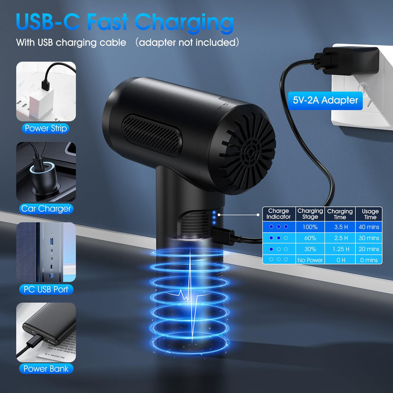 [AUSTRALIA] - Compressed Air Duster, 100000RPM Handheld Car Vacuum/Air Blower& Pump, 3 Gear Adjustable Electric Air Duster/Car Vacuum Cleaner, Keyboard Duster with LED Light-10 Kits Air Blower for Computer VC016 Black 