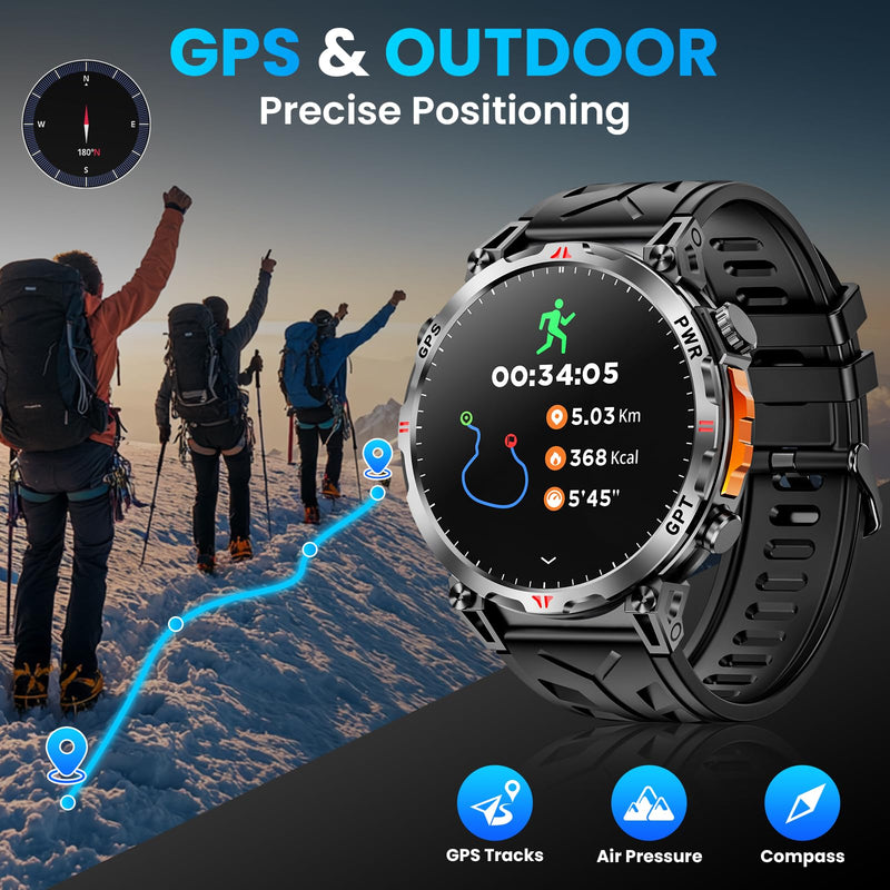 Military Smart Watches for Men with GPS/Compass,GPT Voice Assistant,1.56" AMOLED Screen,Smart Watch for Android and iPhone(Answer/Make Calls), Heart Rate/Sleep,Fitness Tracker Multiple Sports Modes Black