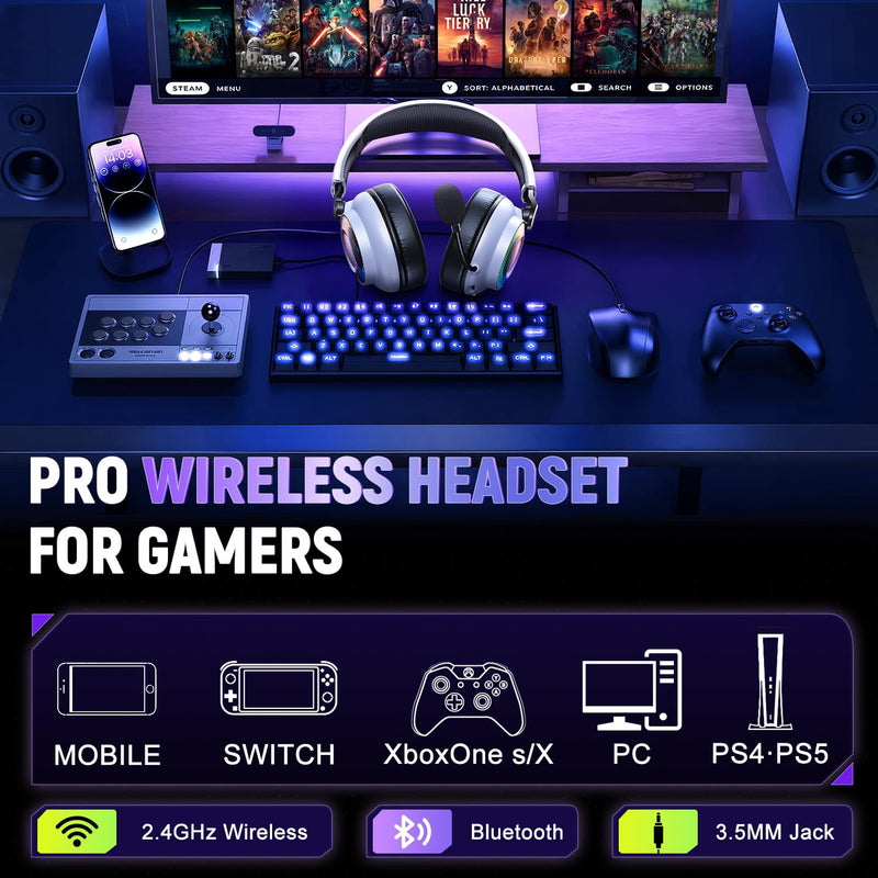 Wireless Gaming Headset for Ps5 Ps4 - 2.4GHz, Bluetooth, Wired, 7.1 Surround Sound, Noise Cancelling Mic, RGB Lights, 40H+ Battery, Lossless Audio, Comfy Over Ear Headphones for PC, Switch, Xbox, Mac White