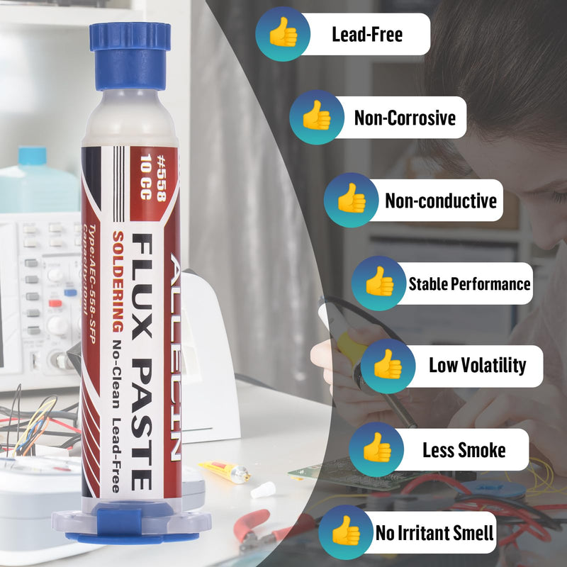 No Clean Soldering Flux 558 10CC 10mL Lead-Free Less-Smoke Rosin Solder Fluxes Paste Syringe for Electronics 10 milliliters with Needle Dispensing Tool (Pack of 1Pcs) 558-10CC-1Pcs