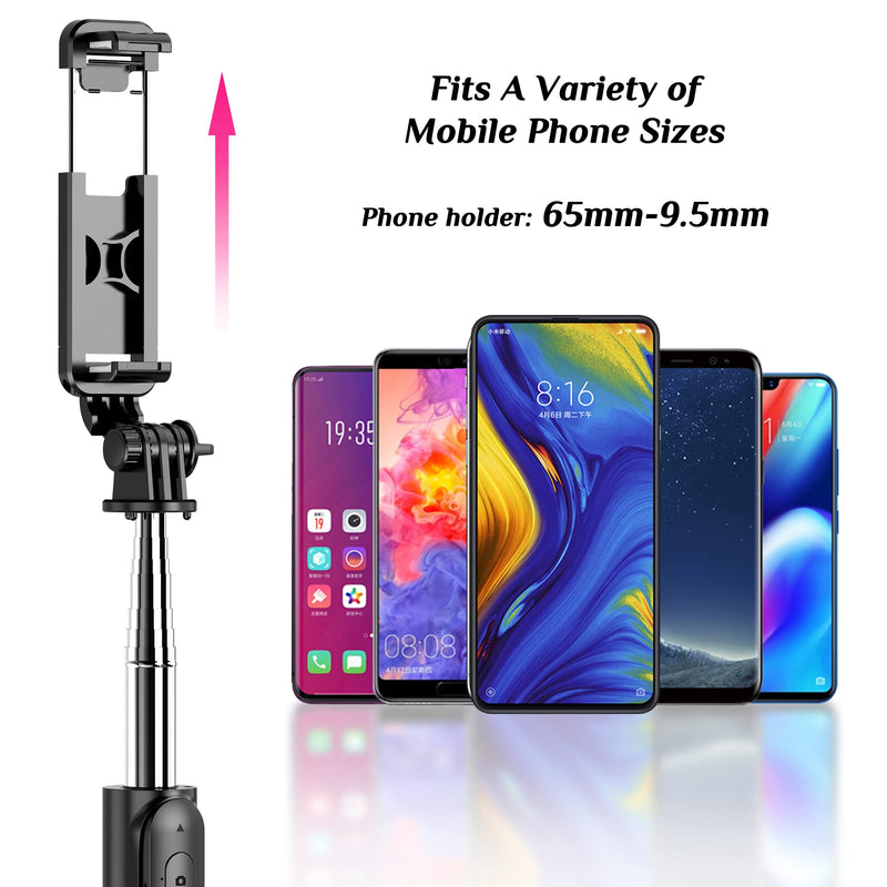 Selfie Stick Tripod with Fill Light, All in One Extendable Selfie Stick with Detachable Wireless Remote, Flexible Phone Tripod Stand Compatible with iPhone/Galaxy, Compact Size & Lightweight Black & With Light