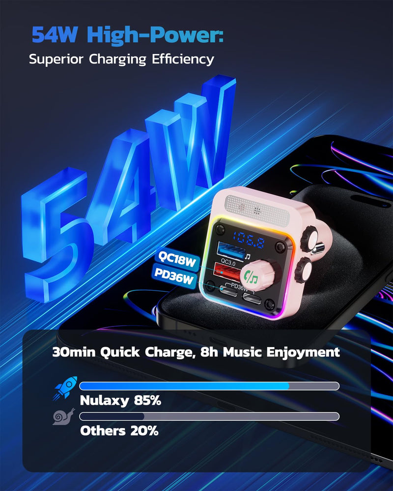 [AUSTRALIA] - Nulaxy 54W Bluetooth 5.3 Car Adapter with 4 Charging Ports [PD 36W & QC3.0 18W], Wireless Radio FM Transmitter with Deep Bass Player & 5 Colors LED Backlit, Hands-Free Calling - Pink 