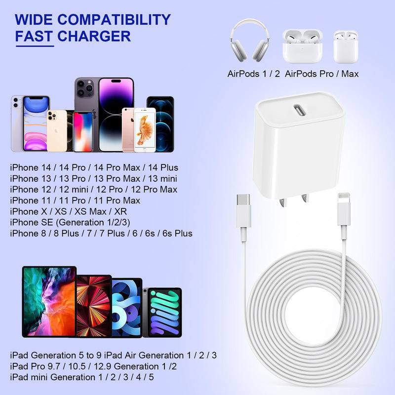 [AUSTRALIA] - Apple Fast Charger, 10FT Extra Long Fast iPhone Charger Travel Plug Adapter 20W Super Quick Apple Charging USB C Wall Charger Block with 10Foot Lightning Cable Cord for iPhone 14/13/12/11/X/XR/SE/iPad White 