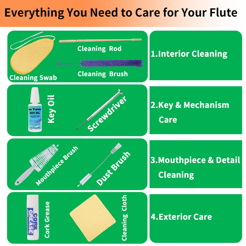 Flute Cleaning Kit, 9-in-1 Woodwind Maintenance Care Set with Microfiber Swab, Key Oil, Cork Grease, Rod & Screwdriver, Professional Accessories Compatible with Standard Flutes and Piccolos