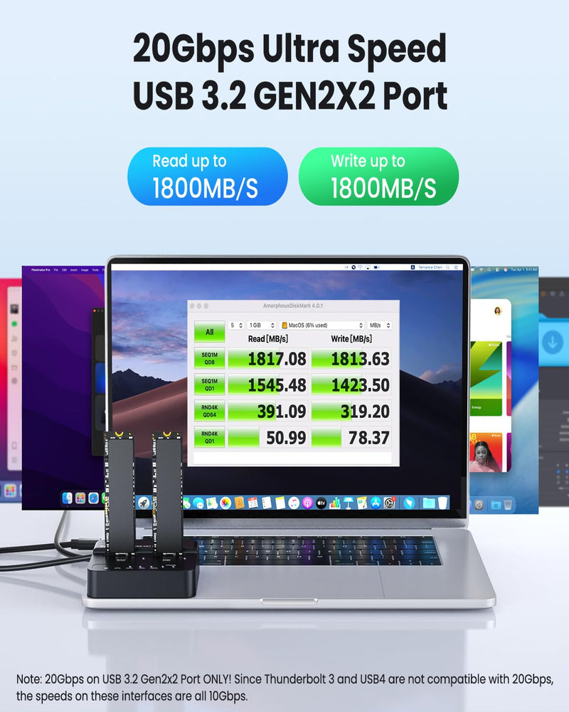 Dual Bay NVMe SSD Cloner & Duplicator - 20Gbps USB 3.2 Gen 2x2 M.2 Enclosure Dock, Tool-Free Offline Clone Reader/Adapter for PCIe NVMe SSDs (M-Key/B+M Key) Supports 2230 2242 2260 2280 22110