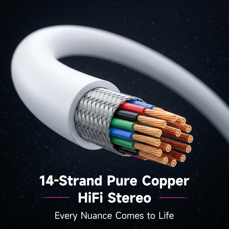 VUM HiFi Stereo 3.5 mm Wired Earbuds with Ultra Clear Mic & Volume Control | 14-Strand Pure Copper Cable, High-Sensitivity Composite-Driver, 3.5mm Jack Corded Headphone for iPhone/iPad/Android/Laptop/PC Silver & White 3.5mm(1Pack)