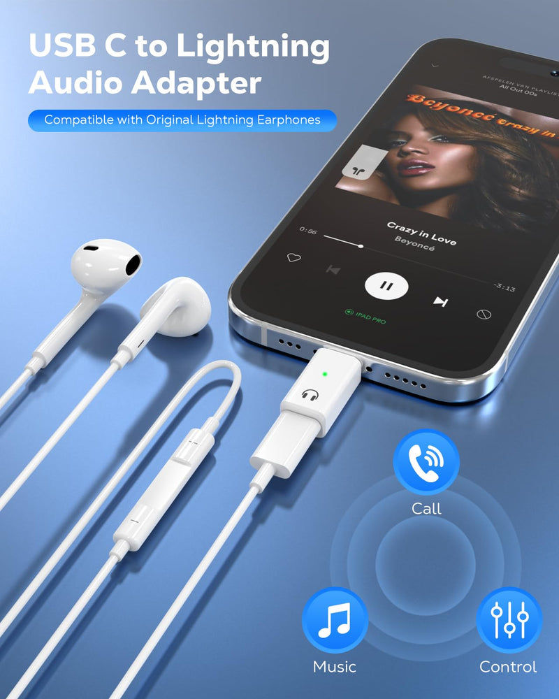 MoKo Lightning to USB C Audio Adapter Support Line Control, USB C Male to Female Lightning Headphone Earphone Adapter for iPhone 16 15 Pro Max Plus, iPad Air/Pro, Not for Charging/Data Transfer, White