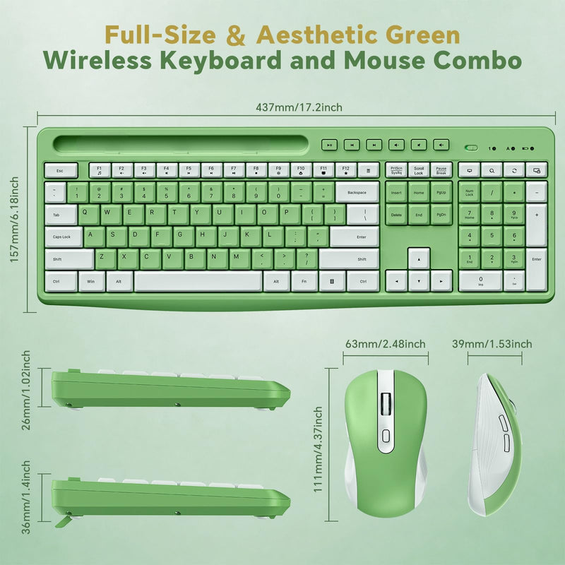 Green Wireless Keyboard and Mouse Combo with Phone Holder, 2.4G Quiet Keys | Silent Keyboard, 3-Level DPI Quiet Mouse, 12 Hotkeys, Full Size, Ergonomic for Office/Home/Work, For Windows PC Laptop, WK210 Green