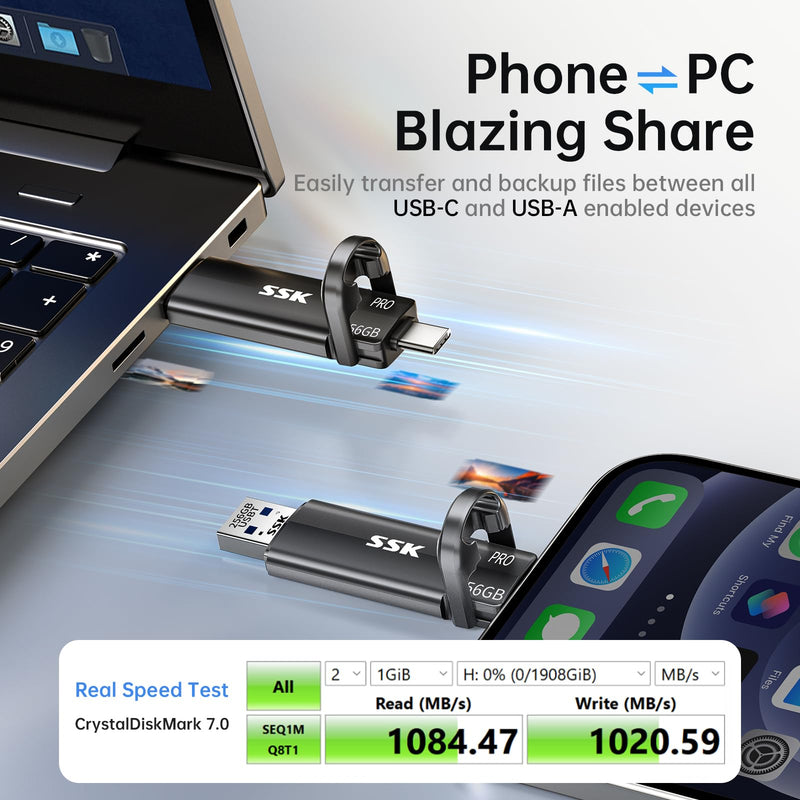 SSK 256GB USB SSD Flash Thumb Drive Memory Stick Dual USBC+A Up to 1000MB/s | TLC NAND Flash USB Drive, Dual Head 10Gbps, SMART & TRIM, 4K60Hz ProRes HDR, OTG, iphone 15/16/17 Pro Compatible, Zinc Alloy 256 GB