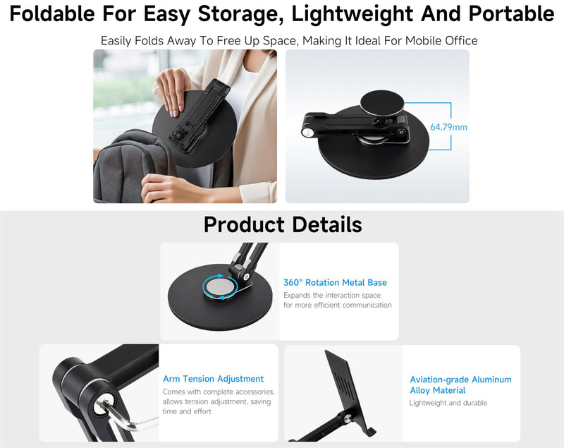 Portable Magnet Monitor Adjustable Stand Magnetic N52 Neodymium, Compatible with 4~18.5inch Monitors, Supports Multi-axis Rotation, Comes with Magnetic Metal Rings, Foldable for Easy Storage