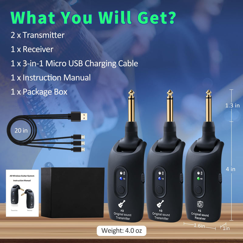 [AUSTRALIA] - A9 Wireless Guitar System - 2.4GHz Guitar Accessories Transmitter Receiver, 24-bit 48KHz Audio, 100ft Range, No Latency, 4-Hour Rechargeable Battery, for Electric Bass (Black(2TX+1RX)) Black 