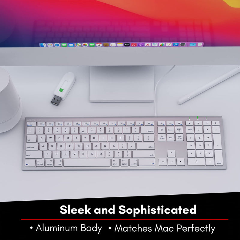 Macally Ultra Slim USB Wired Computer Keyboard - Works as Windows or Mac Wired Keyboard - Full Size Keyboard with 20 Apple Shortcut Keys - Mac Keyboard with Number Pad - Silver Aluminum Finish