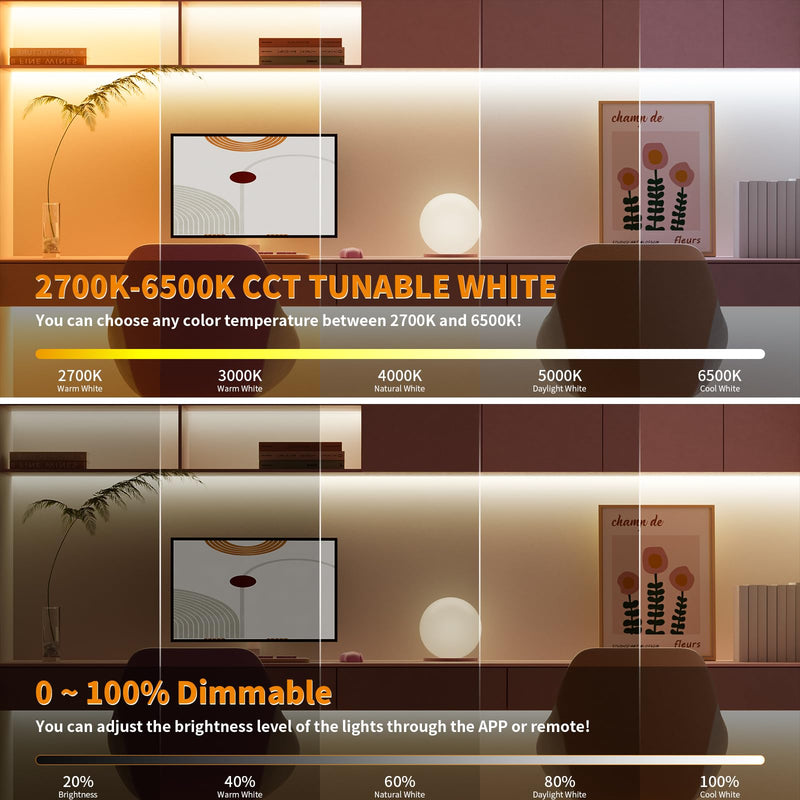 PAUTIX CCT COB LED Strip Light White Tunable 3200LEDs,CRI90+ 16.4ft/5m Dimmable 2700K-6500K 24V LED Tape Lights Kit,Work with Alexa/Google Assistant,for Under Cabinet Bedroom Kitchen DIY Lighting 2700K-6500K/16.4ft(Support Voice Activation)