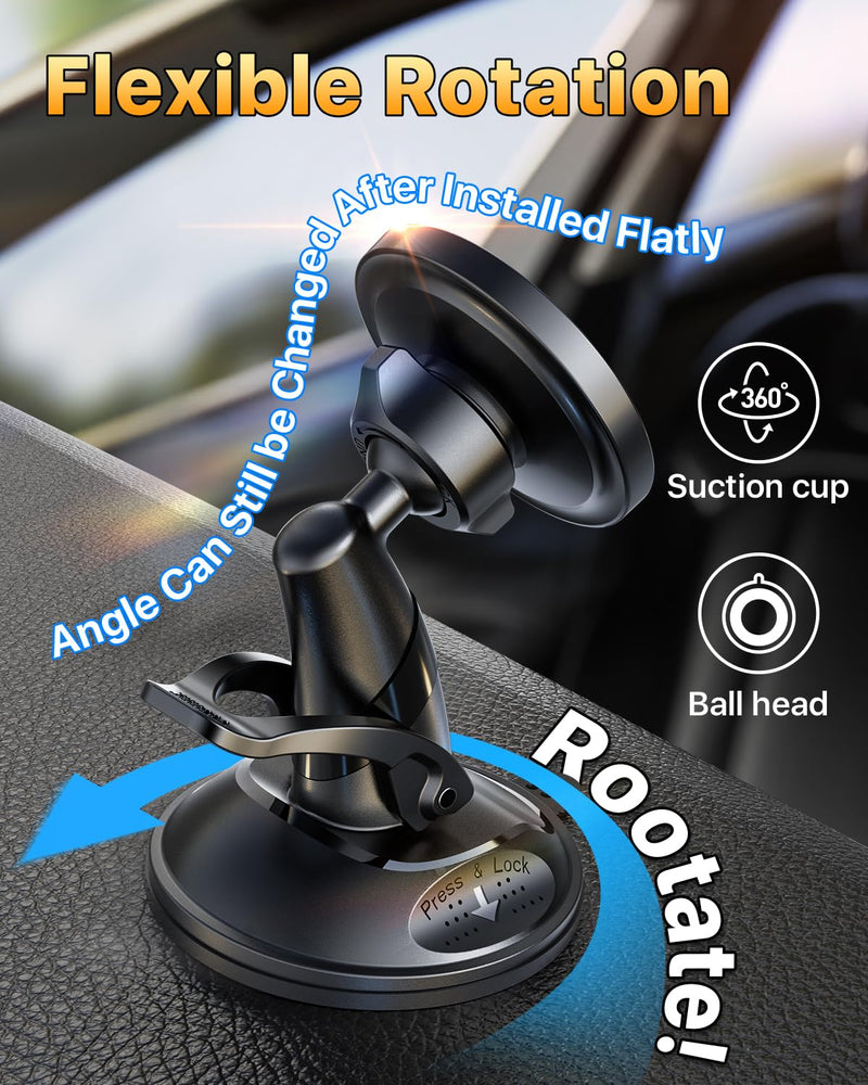 YRU [True Upgraded Military-Grade Phone Holder for Magsafe Car Mount 360° Rotating Vacuum Suction Dashboard, 2800gf Strongest Magnetic Windshield Phone Mount for iPhone 17 Pro Max 16 15 14,Black Black