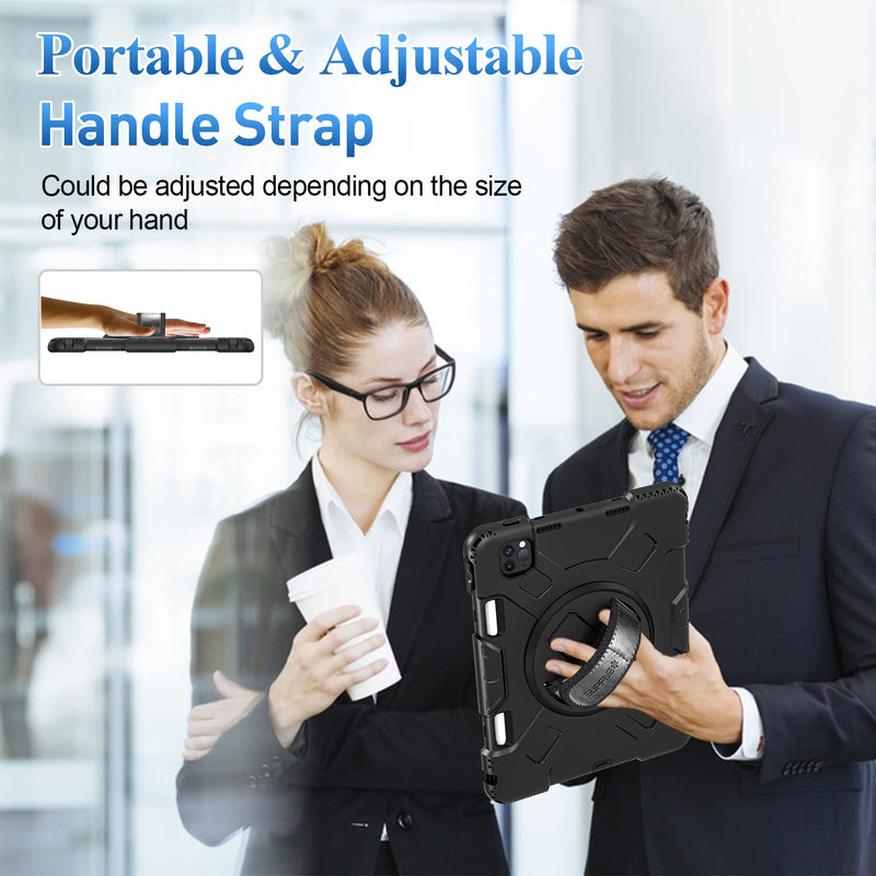 SUPFIVES Case for iPad Pro 11 inch (2022/2021/2020), Upgraded Military Grade Shockproof Protector Silicone iPad Pro 11 4th Gen Cover Pencil Holder+ Handle+ Shoulder Strap+ Rotating Kickstand, Black Ipad pro 11 inch 2022/2021/2020/2018