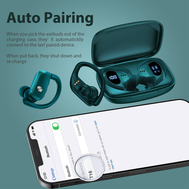 bmani 2 Sets Wireless Earbuds Bluetooth Headphones 48hrs Play Back Sport Earphones with LED Display Over-Ear Buds with Earhooks Built-in Mic Headset for Workout Black + Green