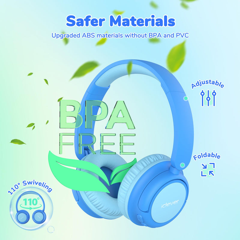 iClever BTH22 Kids Bluetooth Headphones, 60H Play Time, 74/85 dBA Safe Volume, Bluetooth 5.4, USB C, Over Ear Kids Headphones Wireless with Mic AUX Cord for iPad/Tablet/Travel/School, Blue