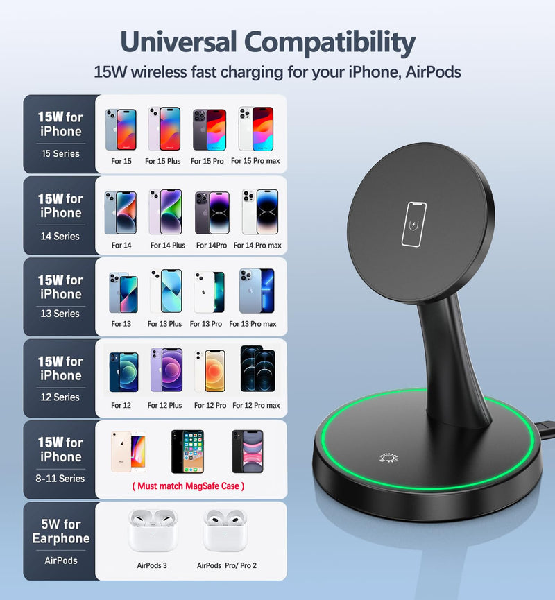 Magnetic Wireless Charger Stand 15W Fast Mag-Safe Charger for iPhone 15/15 Pro/15 Plus/15 Pro Max/14/13/12 Series Magnet Wireless Charging Station/Pad with Sleep-Friendly Light for AirPods 3/Pro/Pro 2 Black