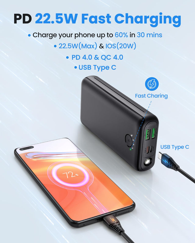 Portable Charger Power Bank 30000mAh - USB C 22.5W Fast Charging External Battery Pack Charging Bank PD QC4.0 with Flashlight 3 Outputs & 2 Inputs Phone Charger for iPhone Samsung Galaxy iPad etc Black