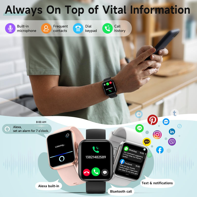 Smart Watch for Men Women, 1.8" Fitness Tracker for Android & iPhone, Answer/Make Calls, Alexa Built-in, Heart Rate/Sleep/SpO2 Monitor Smartwatch, 3ATM Waterproof Watches, 101+ Sport Modes, 2 Bands Matte Black 1.8 inches