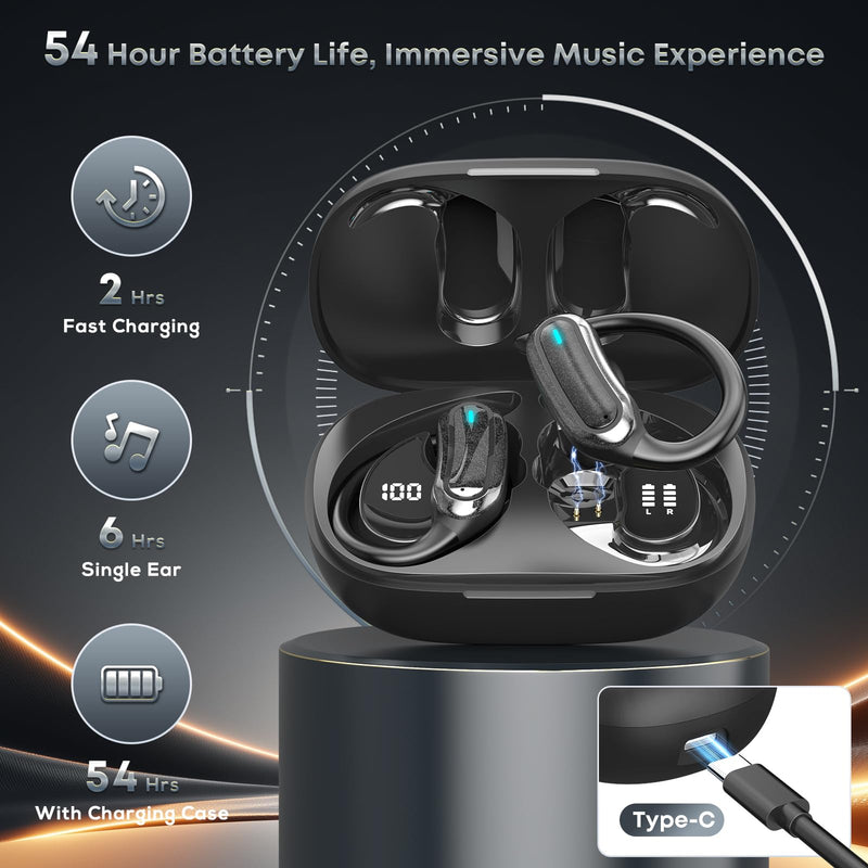 Wireless Earbuds Bluetooth Headphones, 54H Playtime Full Stereo Over Ear Buds with ENC Noise Cancelling, LED Power Display, IPX7 Waterproof Sport Earphones with Earhooks for Running/Workouts Black Soft Black
