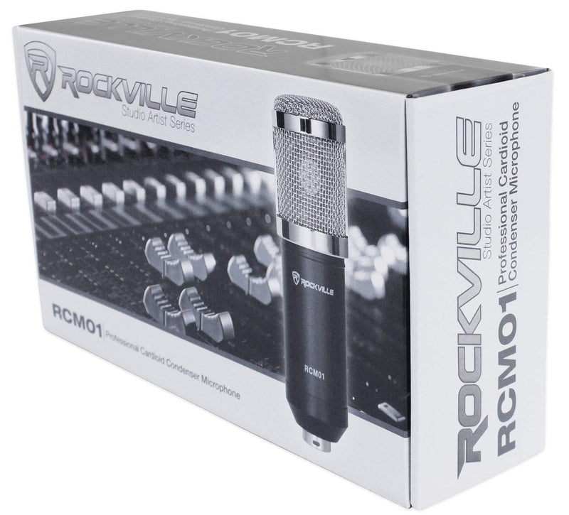 Rockville RCM01 Pro Studio Condenser Microphone, 200 Ohm, Cardioid Pattern, Metal Shock Mount, 30Hz-20kHz Frequency, XLR and 3.5mm Cables, for Vocals and Podcasting