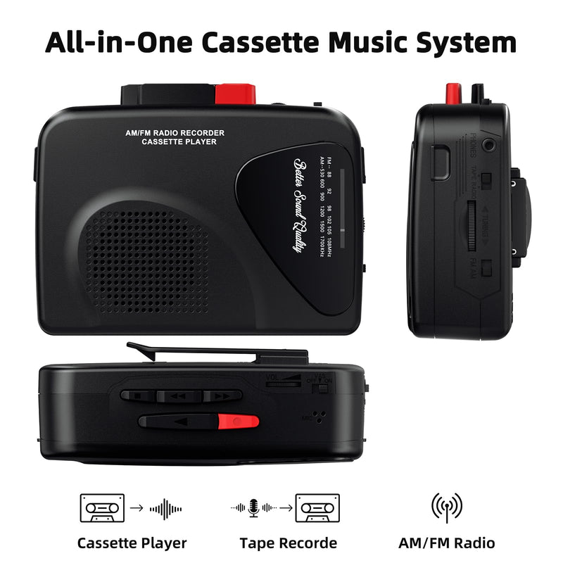Cassette Player Tape Recorders AM/FM Radio, Portable Tape Player Records Built in Speakers Manual Record - 2AA Battery Or DC 5V Supply with 3.5MM Earphone- Black